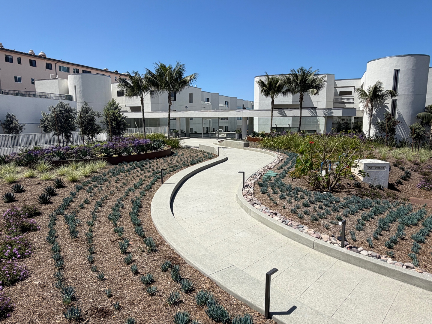 Building entrance courtyard and landscaping
