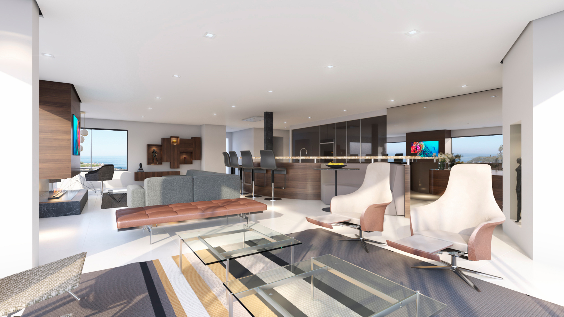 3D rendering of open-concept living room with ocean views