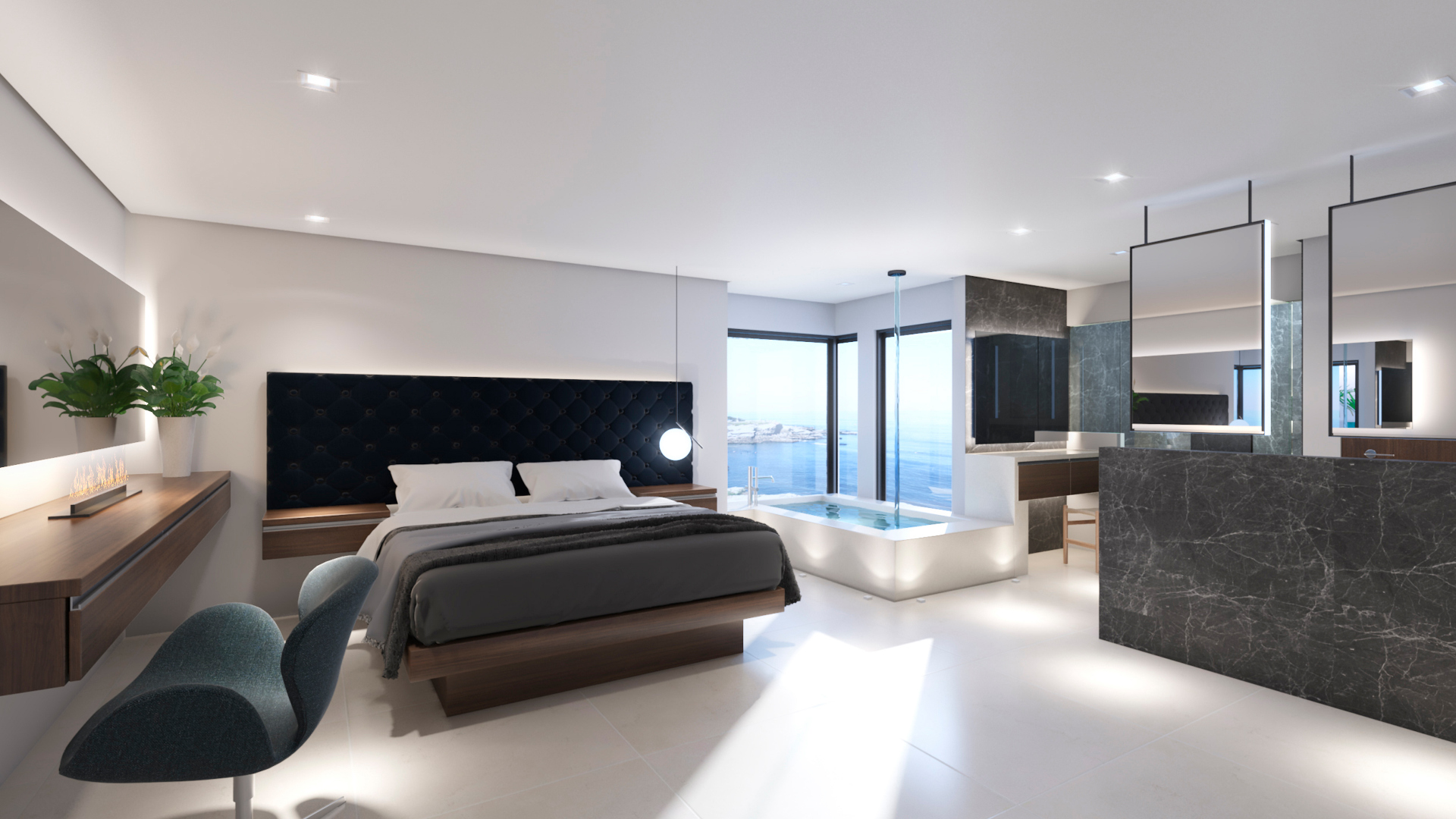 3D rendering of master suite with tufted headboard, soaking tub, and ocean view